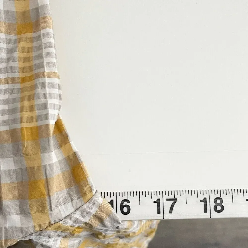 Anthropologie Yellow and White Plaid Puff-Sleeve Square Neck Top
